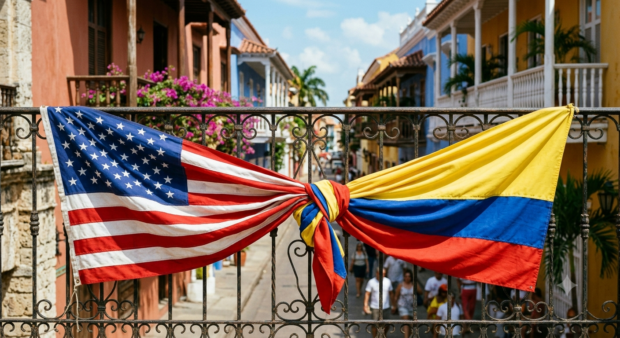 Banderas de Estados Unidos y Colombia entrelazadas con un nudo en un balcón colonial de Cartagena, Colombia, simbolizando la unión y las relaciones bilaterales entre ambos países.