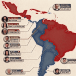 Mapa de tendencias políticas/ideológicas en América Latina. Azul: derecha/extrema derecha. Rojo: izquierda.