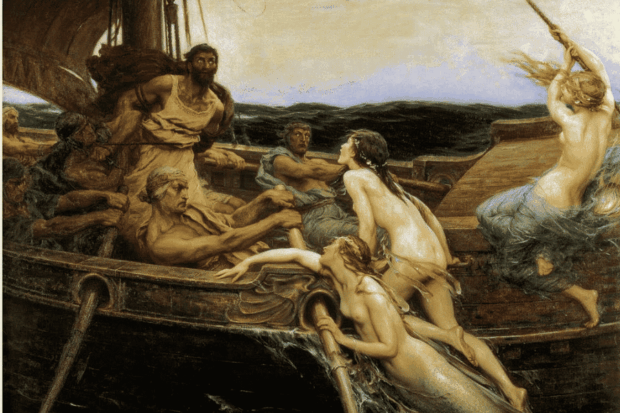 "Ulises y las sirenas" (1909), una pintura al óleo de temática mitológica del artista británico Herbert James Draper.
