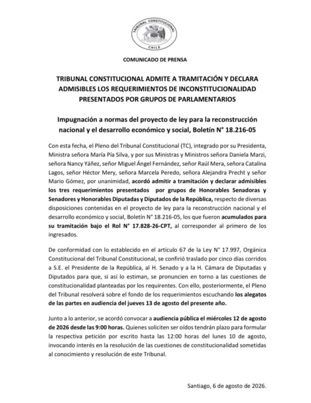 Comunicado del Tribunal Constitucional sobre la admisibilidad de los requerimientos de la oposición contra la megarreforma.
