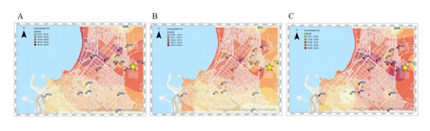 Mapa que indica zonas con mayor concentración de metales pesados en Arica.