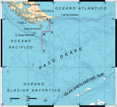 Mapa del Paso de Drake.