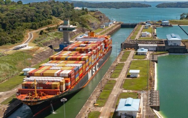 Vista superior de un buque portacontenedores navegando por las esclusas del canal rodeado de vegetación.