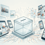 La democracia en la era del algoritmo Urna de votación y teléfonos celulares contactados a él. Ilustración sobre la democracia en tiempos de algoritmos.