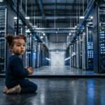 El advenimiento de la generación beta: ¿qué hay del porvenir de la humanidad? Una bebe sola, arrodillada en el piso, en una sala de centro de datos grande que se ve de fondo.