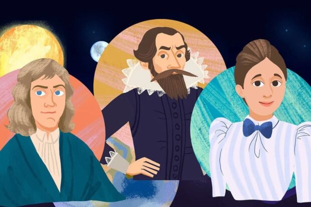 Ilustración de las figuras históricas de la astronomía, Galileo Galilei, Nicolás Copérnico e Hipatia de Alejandría.